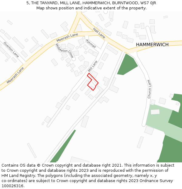 5, THE TANYARD, MILL LANE, HAMMERWICH, BURNTWOOD, WS7 0JR: Location map and indicative extent of plot