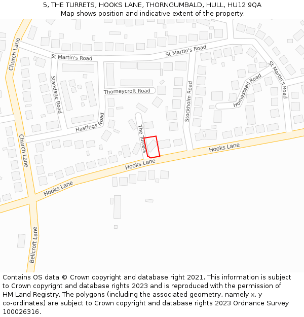 5, THE TURRETS, HOOKS LANE, THORNGUMBALD, HULL, HU12 9QA: Location map and indicative extent of plot