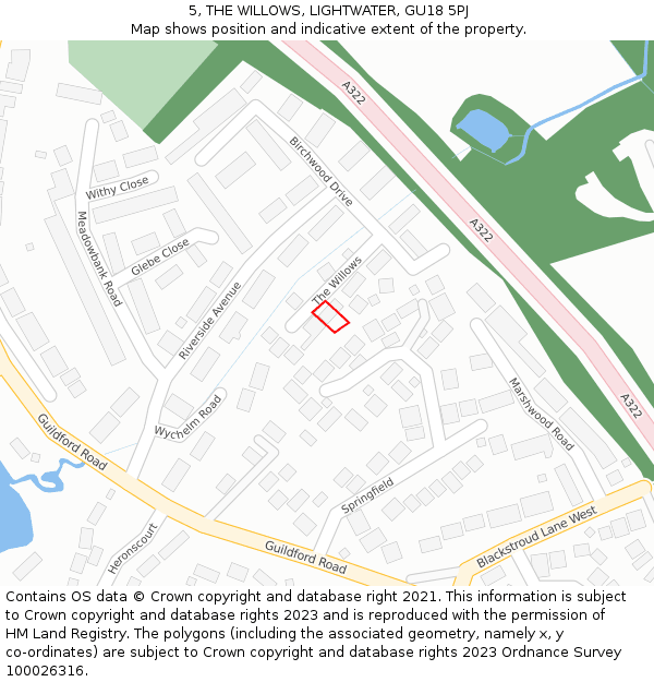 5, THE WILLOWS, LIGHTWATER, GU18 5PJ: Location map and indicative extent of plot