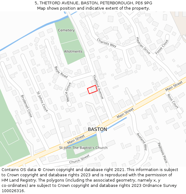 5, THETFORD AVENUE, BASTON, PETERBOROUGH, PE6 9PG: Location map and indicative extent of plot