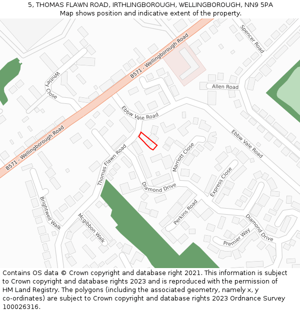 5, THOMAS FLAWN ROAD, IRTHLINGBOROUGH, WELLINGBOROUGH, NN9 5PA: Location map and indicative extent of plot