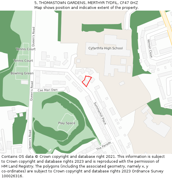 5, THOMASTOWN GARDENS, MERTHYR TYDFIL, CF47 0HZ: Location map and indicative extent of plot