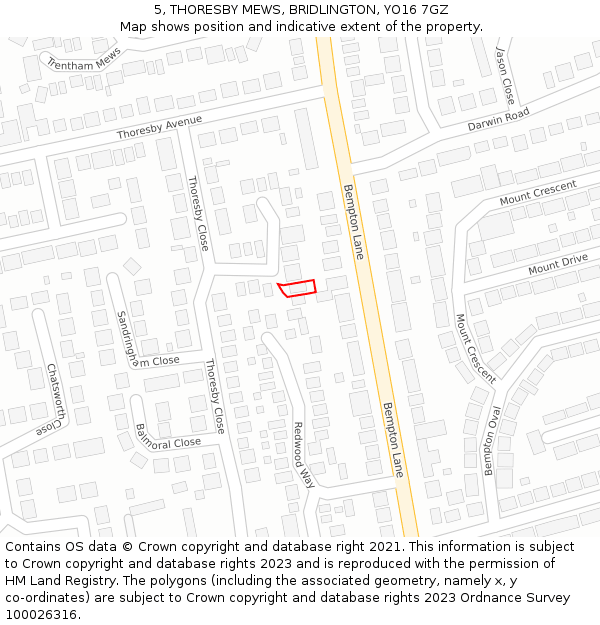 5, THORESBY MEWS, BRIDLINGTON, YO16 7GZ: Location map and indicative extent of plot