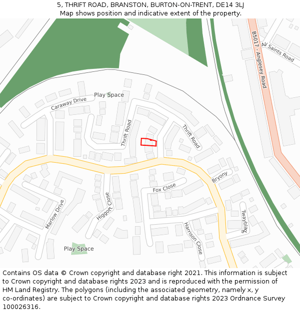 5, THRIFT ROAD, BRANSTON, BURTON-ON-TRENT, DE14 3LJ: Location map and indicative extent of plot