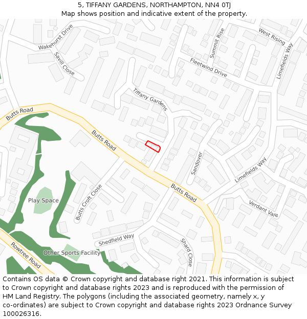 5, TIFFANY GARDENS, NORTHAMPTON, NN4 0TJ: Location map and indicative extent of plot