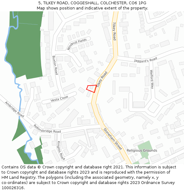 5, TILKEY ROAD, COGGESHALL, COLCHESTER, CO6 1PG: Location map and indicative extent of plot