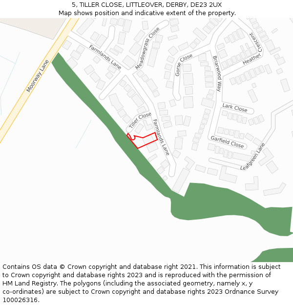 5, TILLER CLOSE, LITTLEOVER, DERBY, DE23 2UX: Location map and indicative extent of plot