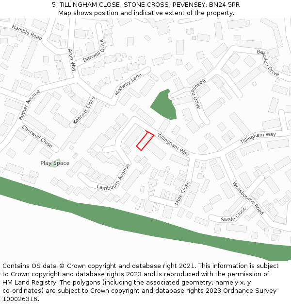 5, TILLINGHAM CLOSE, STONE CROSS, PEVENSEY, BN24 5PR: Location map and indicative extent of plot