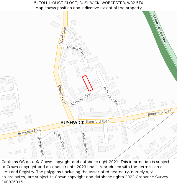 5, TOLL HOUSE CLOSE, RUSHWICK, WORCESTER, WR2 5TX: Location map and indicative extent of plot