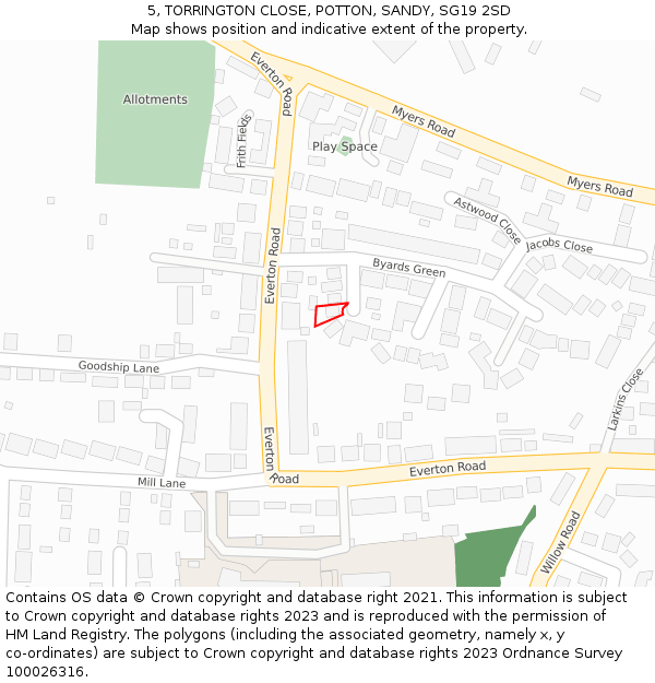 5, TORRINGTON CLOSE, POTTON, SANDY, SG19 2SD: Location map and indicative extent of plot