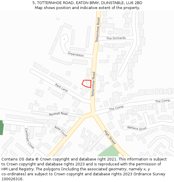 5, TOTTERNHOE ROAD, EATON BRAY, DUNSTABLE, LU6 2BD: Location map and indicative extent of plot