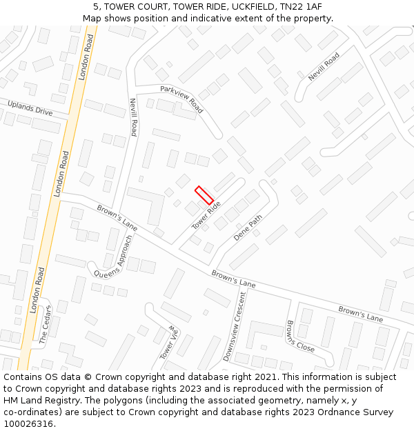 5, TOWER COURT, TOWER RIDE, UCKFIELD, TN22 1AF: Location map and indicative extent of plot