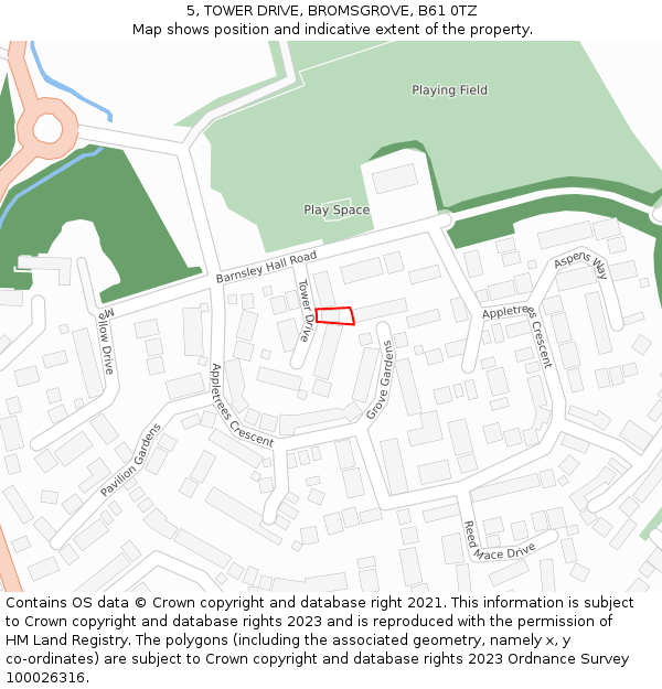 5, TOWER DRIVE, BROMSGROVE, B61 0TZ: Location map and indicative extent of plot