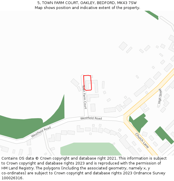 5, TOWN FARM COURT, OAKLEY, BEDFORD, MK43 7SW: Location map and indicative extent of plot