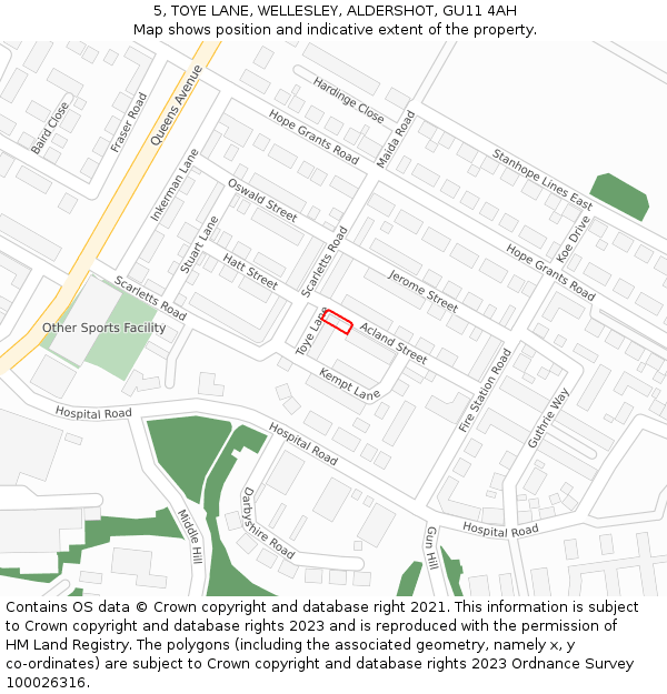 5, TOYE LANE, WELLESLEY, ALDERSHOT, GU11 4AH: Location map and indicative extent of plot