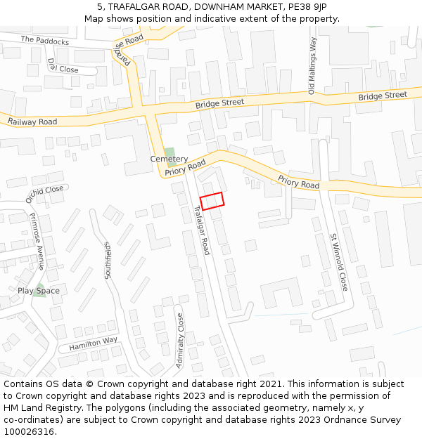 5, TRAFALGAR ROAD, DOWNHAM MARKET, PE38 9JP: Location map and indicative extent of plot