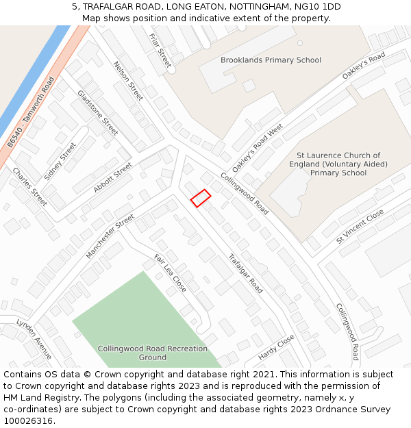 5, TRAFALGAR ROAD, LONG EATON, NOTTINGHAM, NG10 1DD: Location map and indicative extent of plot