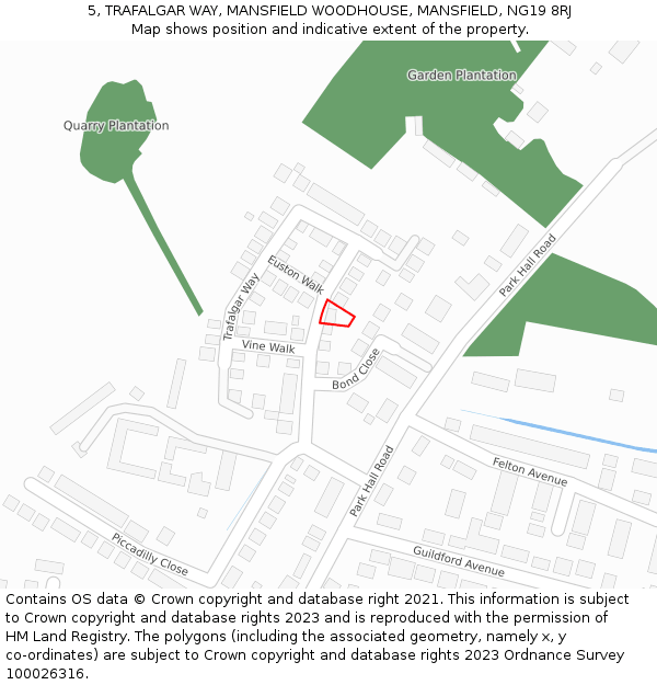 5, TRAFALGAR WAY, MANSFIELD WOODHOUSE, MANSFIELD, NG19 8RJ: Location map and indicative extent of plot