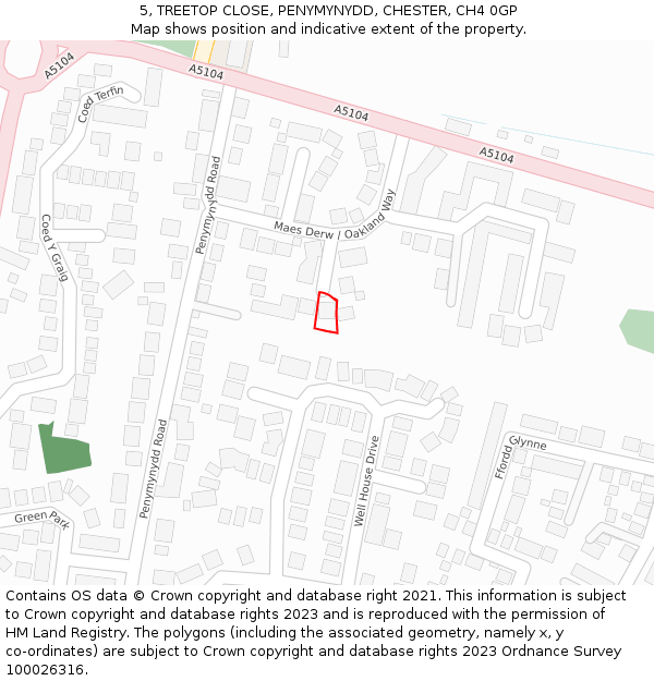 5, TREETOP CLOSE, PENYMYNYDD, CHESTER, CH4 0GP: Location map and indicative extent of plot
