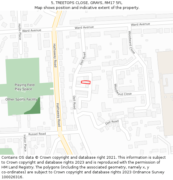 5, TREETOPS CLOSE, GRAYS, RM17 5FL: Location map and indicative extent of plot