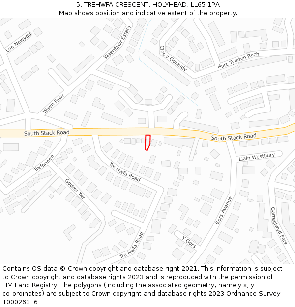 5, TREHWFA CRESCENT, HOLYHEAD, LL65 1PA: Location map and indicative extent of plot