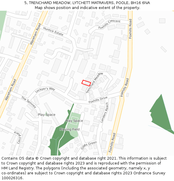 5, TRENCHARD MEADOW, LYTCHETT MATRAVERS, POOLE, BH16 6NA: Location map and indicative extent of plot
