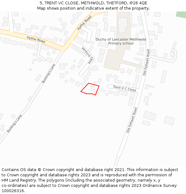 5, TRENT VC CLOSE, METHWOLD, THETFORD, IP26 4QE: Location map and indicative extent of plot