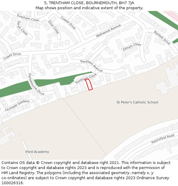 5, TRENTHAM CLOSE, BOURNEMOUTH, BH7 7JA: Location map and indicative extent of plot