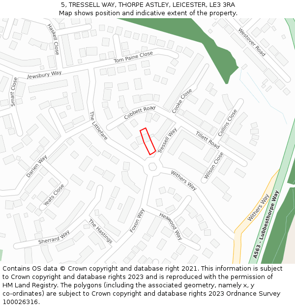 5, TRESSELL WAY, THORPE ASTLEY, LEICESTER, LE3 3RA: Location map and indicative extent of plot