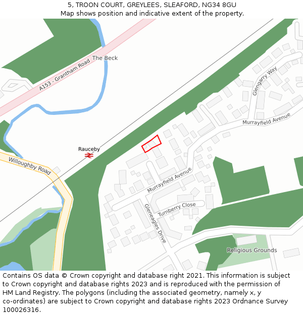 5, TROON COURT, GREYLEES, SLEAFORD, NG34 8GU: Location map and indicative extent of plot