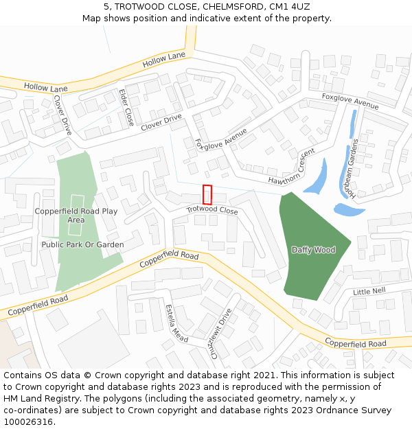 5, TROTWOOD CLOSE, CHELMSFORD, CM1 4UZ: Location map and indicative extent of plot