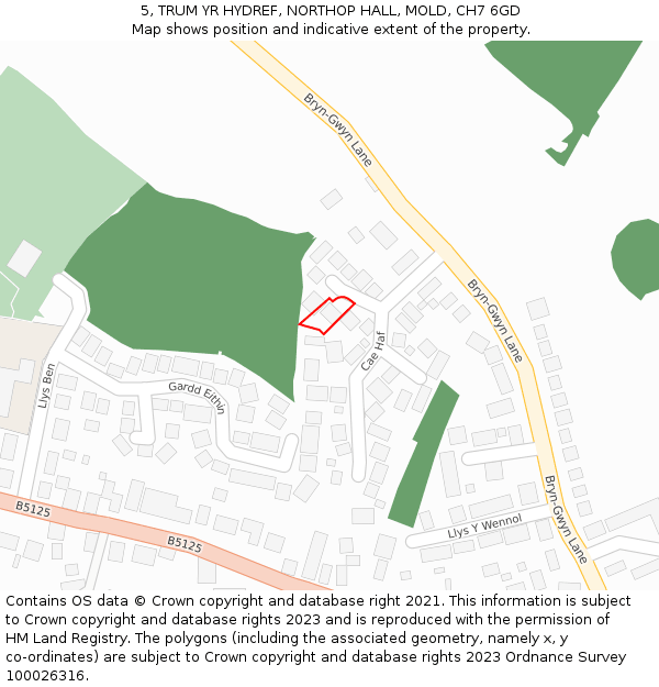 5, TRUM YR HYDREF, NORTHOP HALL, MOLD, CH7 6GD: Location map and indicative extent of plot
