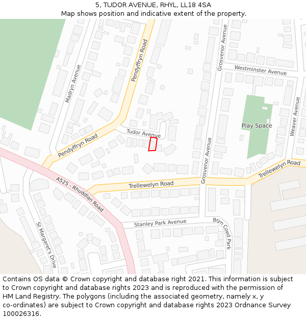 5, TUDOR AVENUE, RHYL, LL18 4SA: Location map and indicative extent of plot