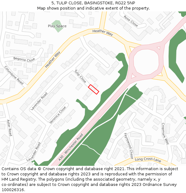 5, TULIP CLOSE, BASINGSTOKE, RG22 5NP: Location map and indicative extent of plot