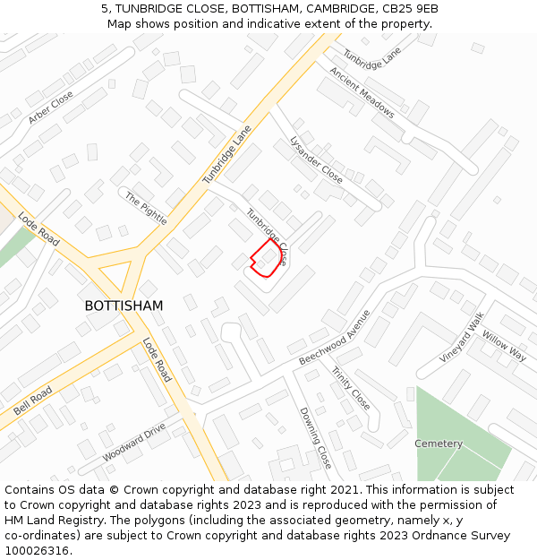 5, TUNBRIDGE CLOSE, BOTTISHAM, CAMBRIDGE, CB25 9EB: Location map and indicative extent of plot