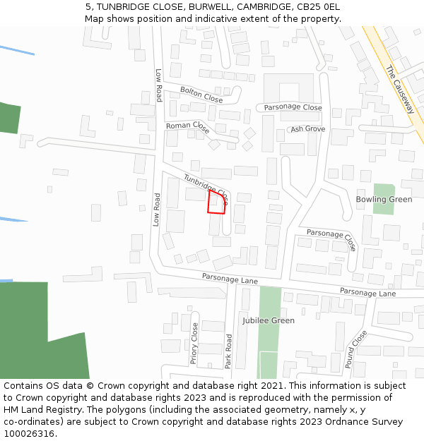 5, TUNBRIDGE CLOSE, BURWELL, CAMBRIDGE, CB25 0EL: Location map and indicative extent of plot