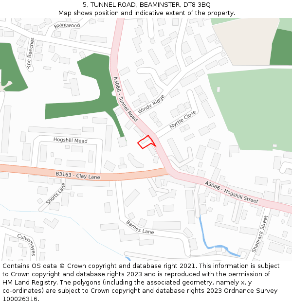 5, TUNNEL ROAD, BEAMINSTER, DT8 3BQ: Location map and indicative extent of plot
