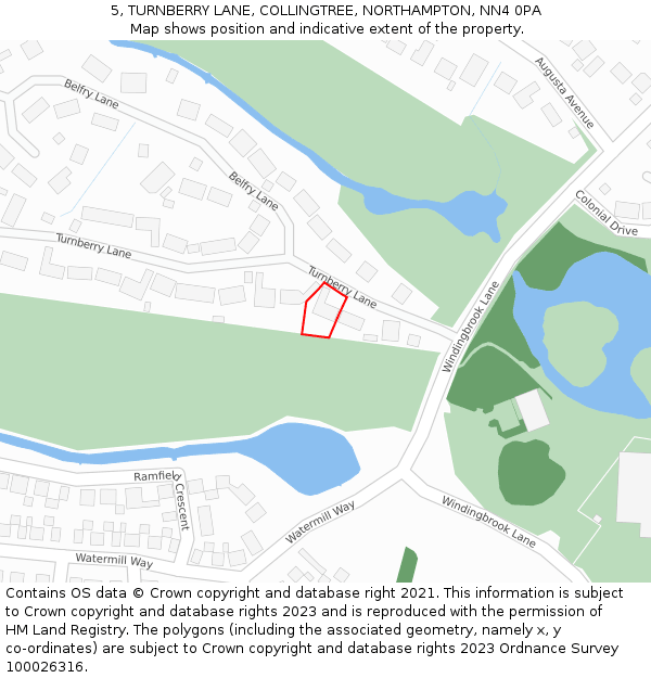 5, TURNBERRY LANE, COLLINGTREE, NORTHAMPTON, NN4 0PA: Location map and indicative extent of plot