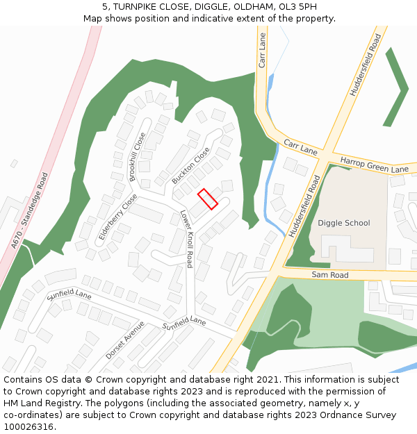 5, TURNPIKE CLOSE, DIGGLE, OLDHAM, OL3 5PH: Location map and indicative extent of plot