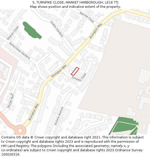 5, TURNPIKE CLOSE, MARKET HARBOROUGH, LE16 7TJ: Location map and indicative extent of plot