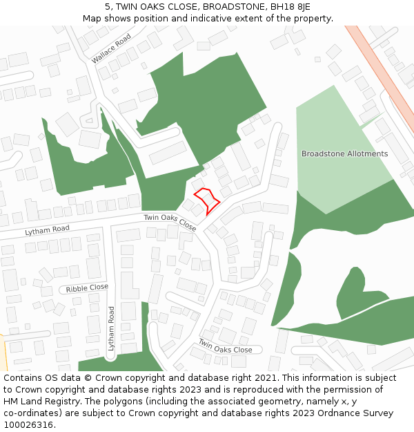 5, TWIN OAKS CLOSE, BROADSTONE, BH18 8JE: Location map and indicative extent of plot