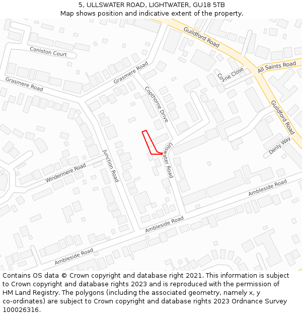 5, ULLSWATER ROAD, LIGHTWATER, GU18 5TB: Location map and indicative extent of plot