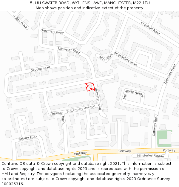 5, ULLSWATER ROAD, WYTHENSHAWE, MANCHESTER, M22 1TU: Location map and indicative extent of plot