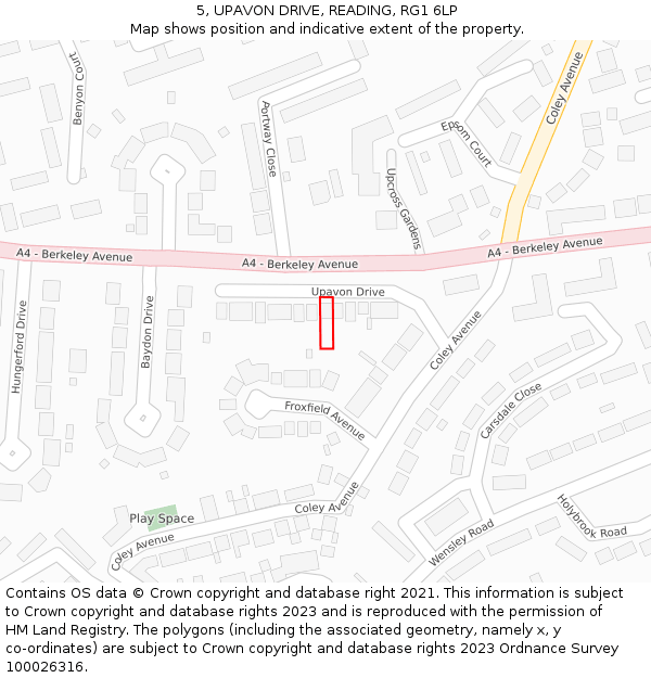 5, UPAVON DRIVE, READING, RG1 6LP: Location map and indicative extent of plot