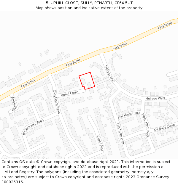 5, UPHILL CLOSE, SULLY, PENARTH, CF64 5UT: Location map and indicative extent of plot