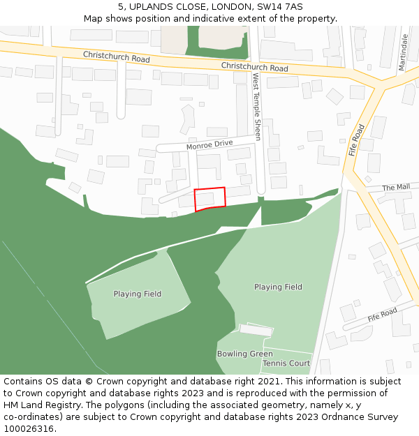 5, UPLANDS CLOSE, LONDON, SW14 7AS: Location map and indicative extent of plot