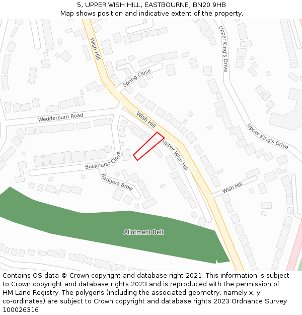 5, UPPER WISH HILL, EASTBOURNE, BN20 9HB: Location map and indicative extent of plot