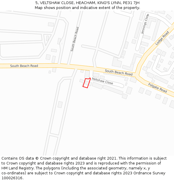 5, VELTSHAW CLOSE, HEACHAM, KING'S LYNN, PE31 7JH: Location map and indicative extent of plot