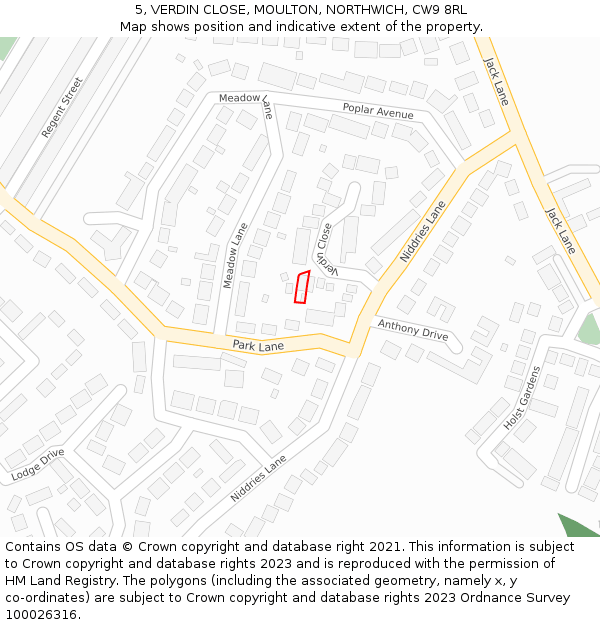 5, VERDIN CLOSE, MOULTON, NORTHWICH, CW9 8RL: Location map and indicative extent of plot