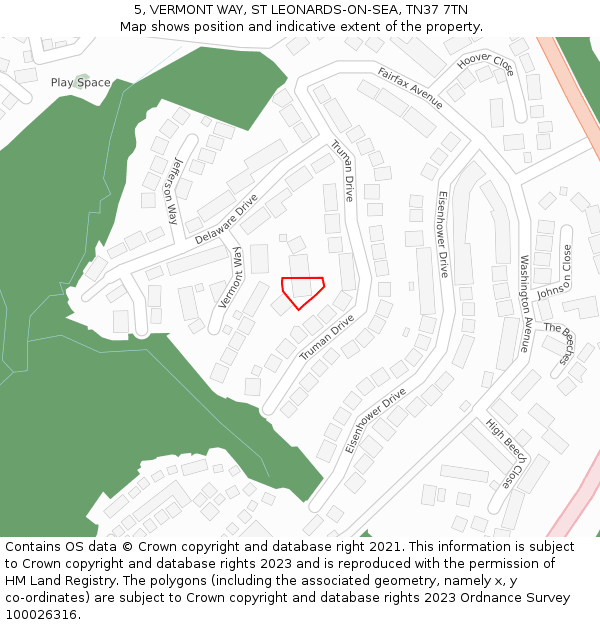 5, VERMONT WAY, ST LEONARDS-ON-SEA, TN37 7TN: Location map and indicative extent of plot